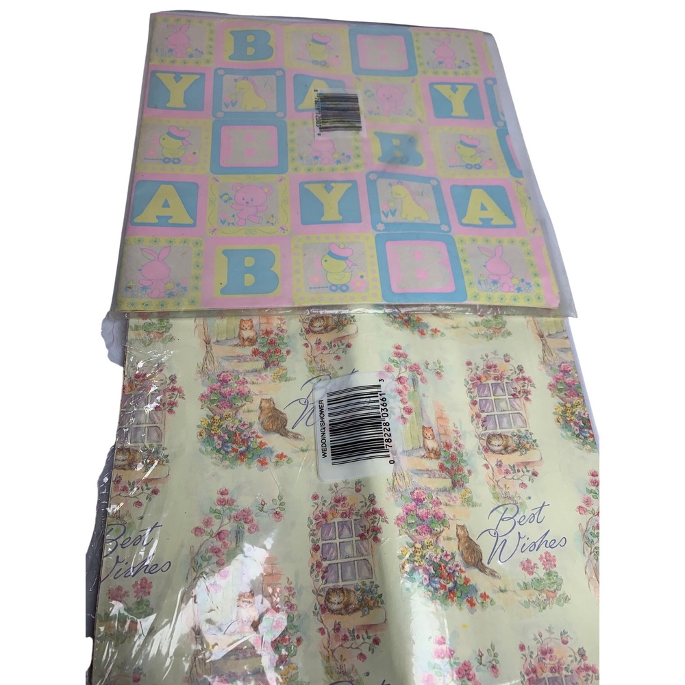 Vintage Gift Wrap Set Baby Shower Blocks & Wedding‎ Best Wishes Cats Floral 2pk